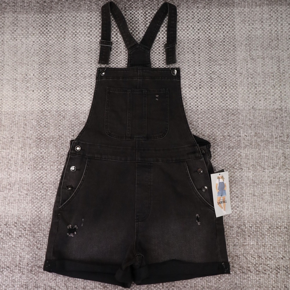 Celebrity Pink Womens Boyfriend Shortall Distressed Black Denim Overalls NWT